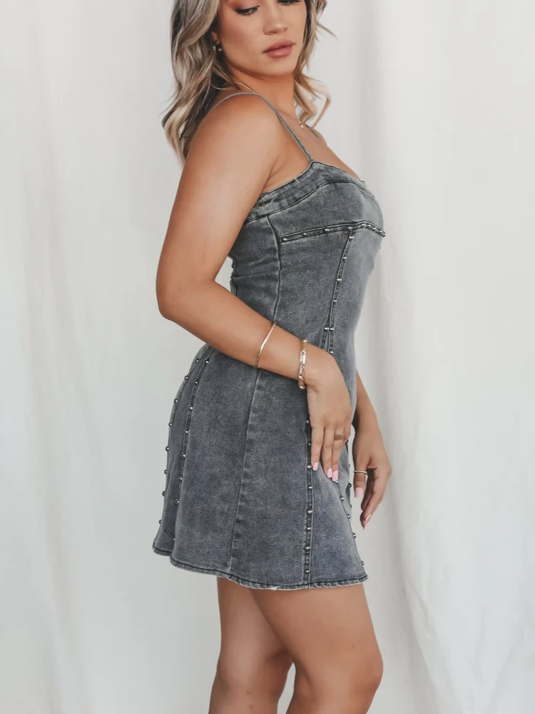 Studded Strap Denim Mini Dress