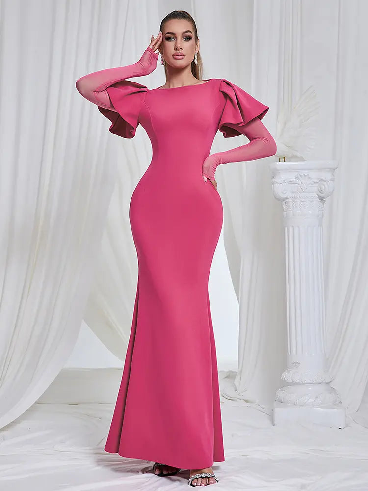 Mesh Sleeve Round Neck Midi Dress