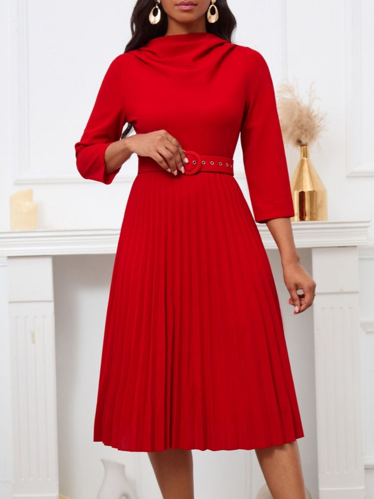 Belted Pleated Collar Dress