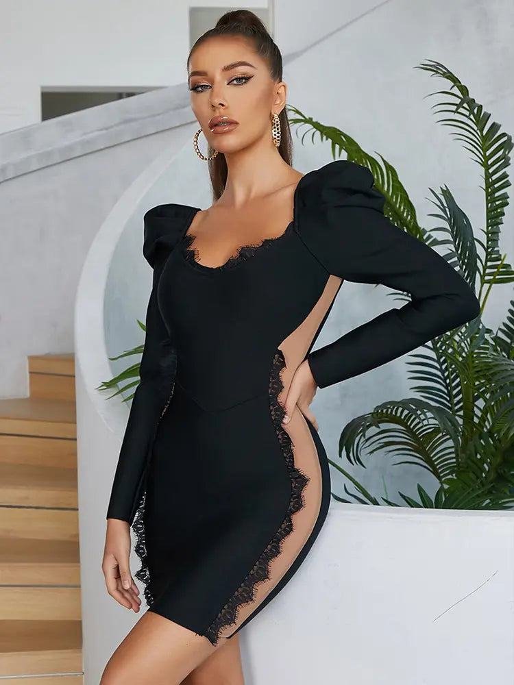 Lace V-Neck Puff Sleeve Party Dress