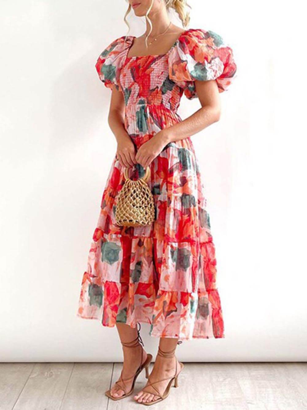 Smocked Tiered Flare Midi Dress