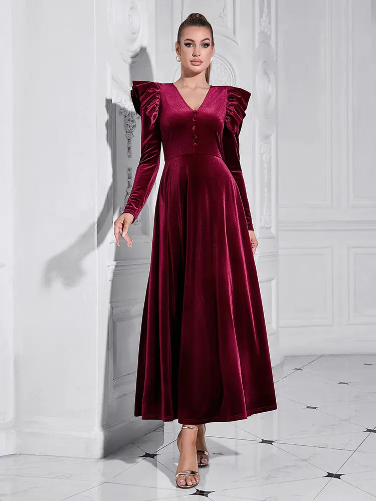 Button-Front V-Neck Maxi Dress