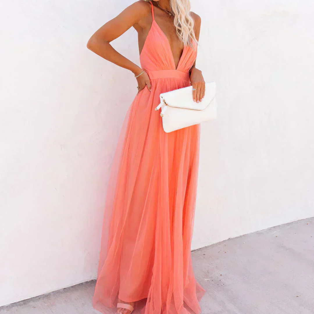 Deep V-Neck Tulle Maxi Dress