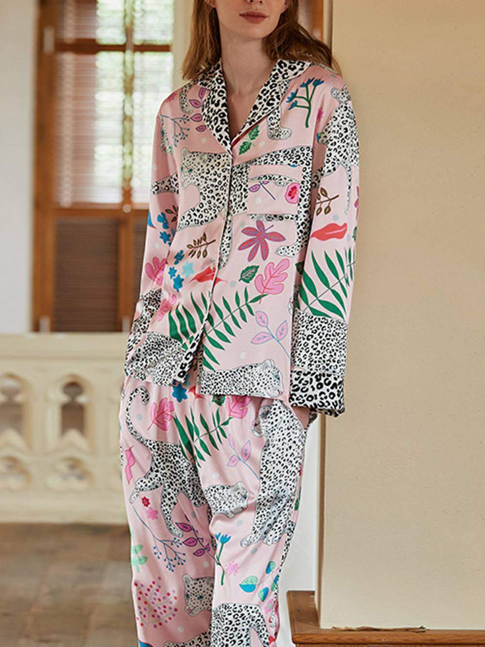 Pink Snow Leopard Silk Pyjama Set