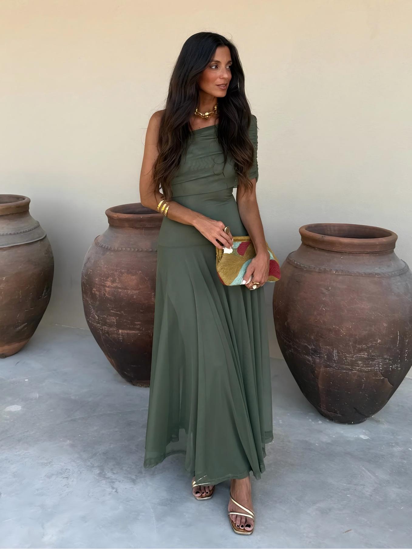 Off-Shoulder Mesh Maxi Dress