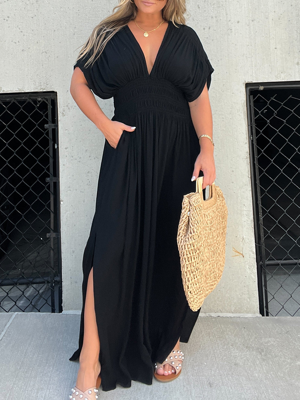Kimono Sleeve Smocked Maxi Dress