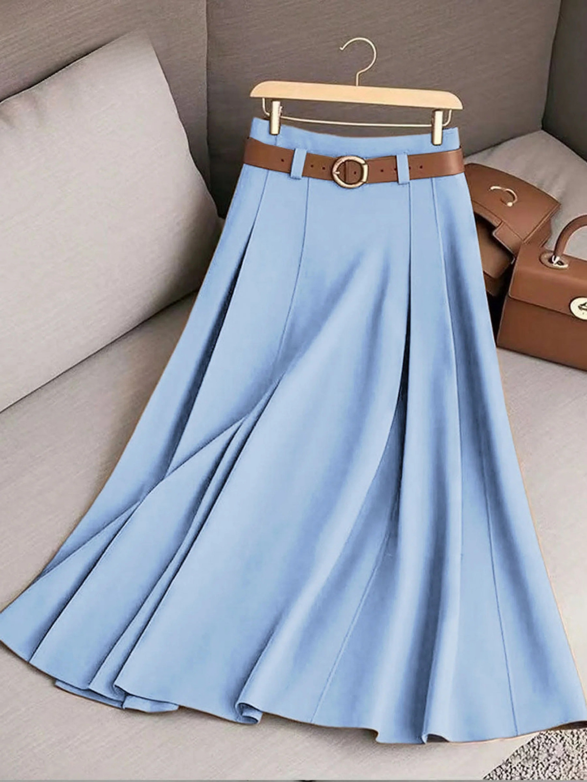 Pleated A-Line Belted Midi Skirt