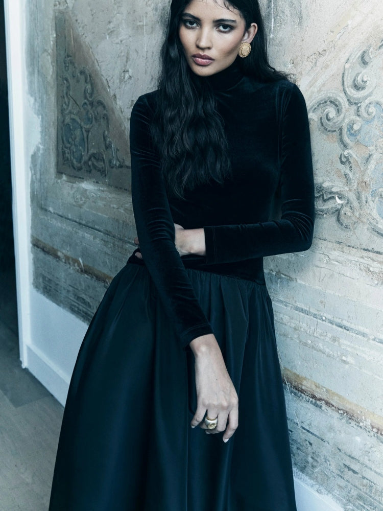 Mock-Neck Fit-and-Flare Midi Dress