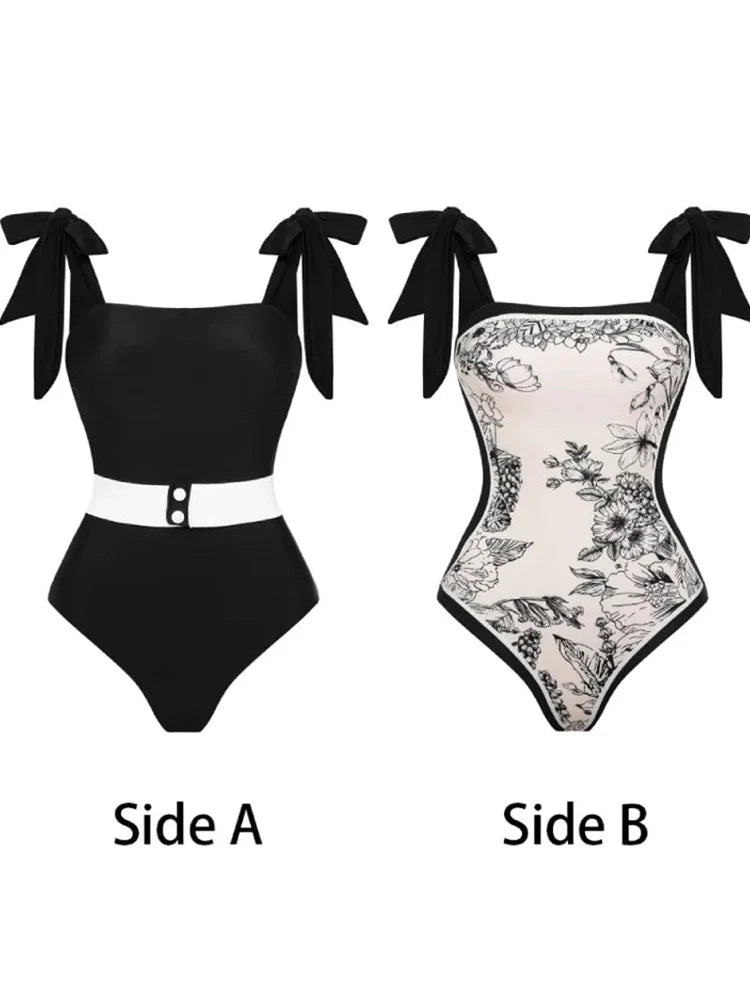 Reversible Vintage Print One Piece Swimsuit