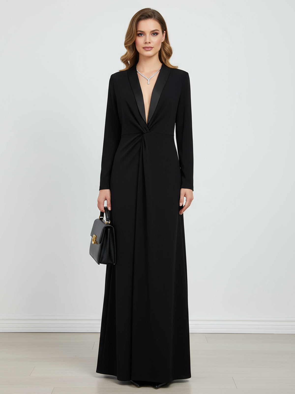Tuxedo Lapel Twist Front Maxi Dress