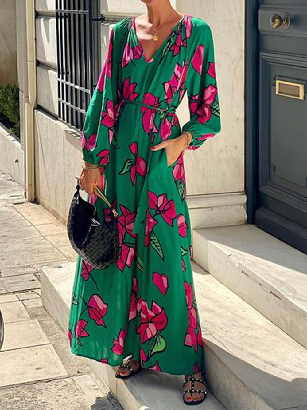 Printed V-Neck Beach Maxi Dress