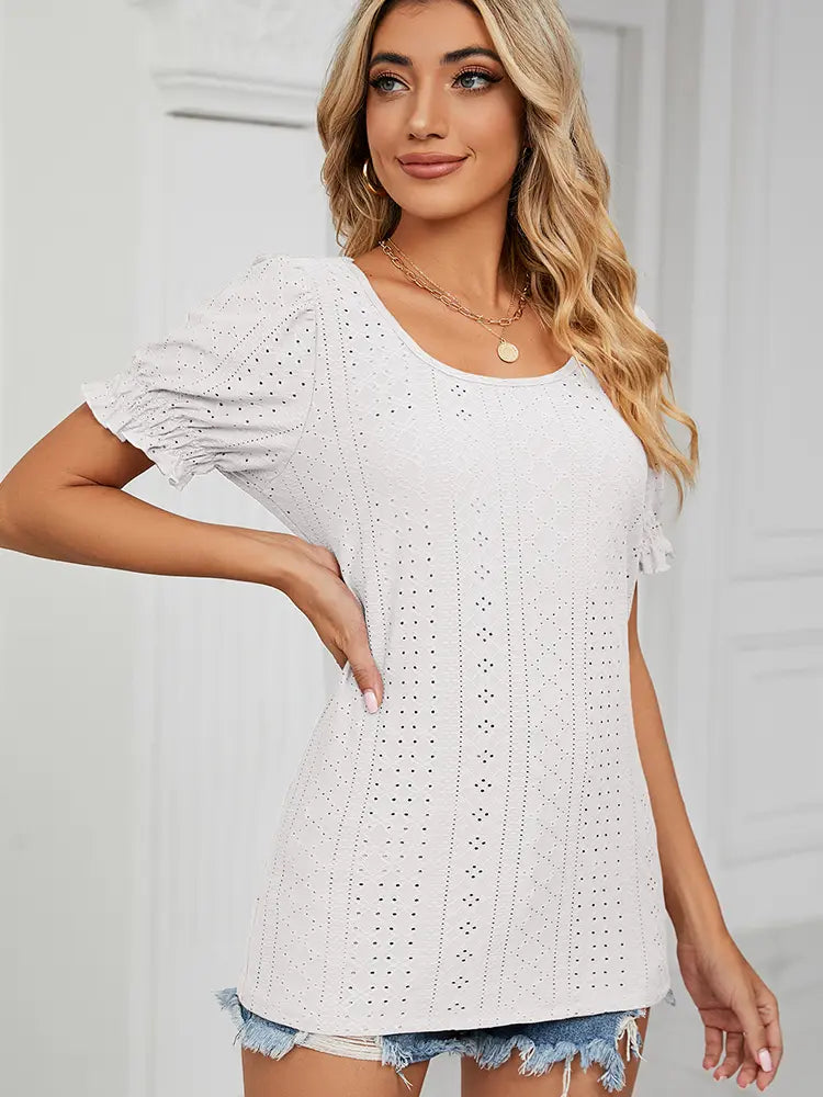 Summer Solid Crew-Neck Princess Sleeve Top