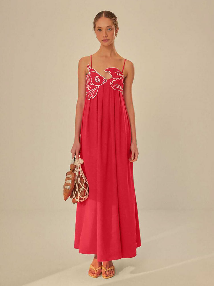 Embroidered Asymmetric Linen Maxi Dress