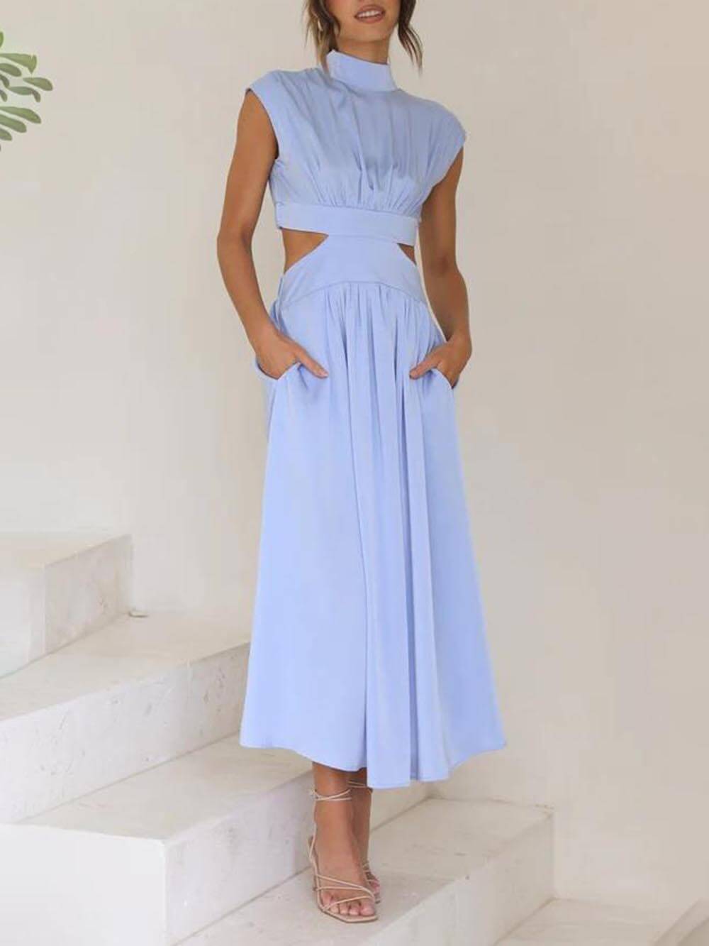 Cutout Waist Pocket Midi Dress
