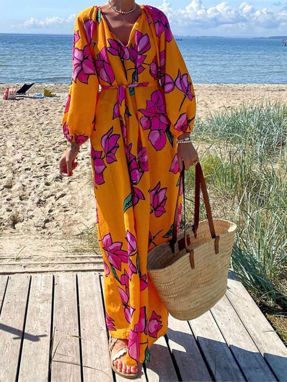 Printed V-Neck Beach Maxi Dress