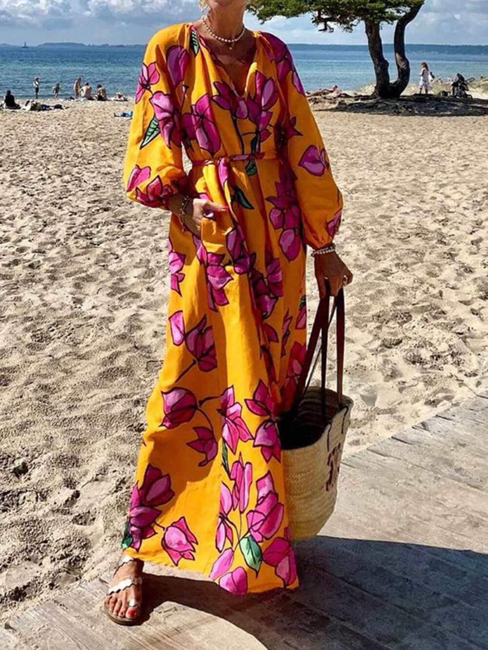 Printed V-Neck Beach Maxi Dress
