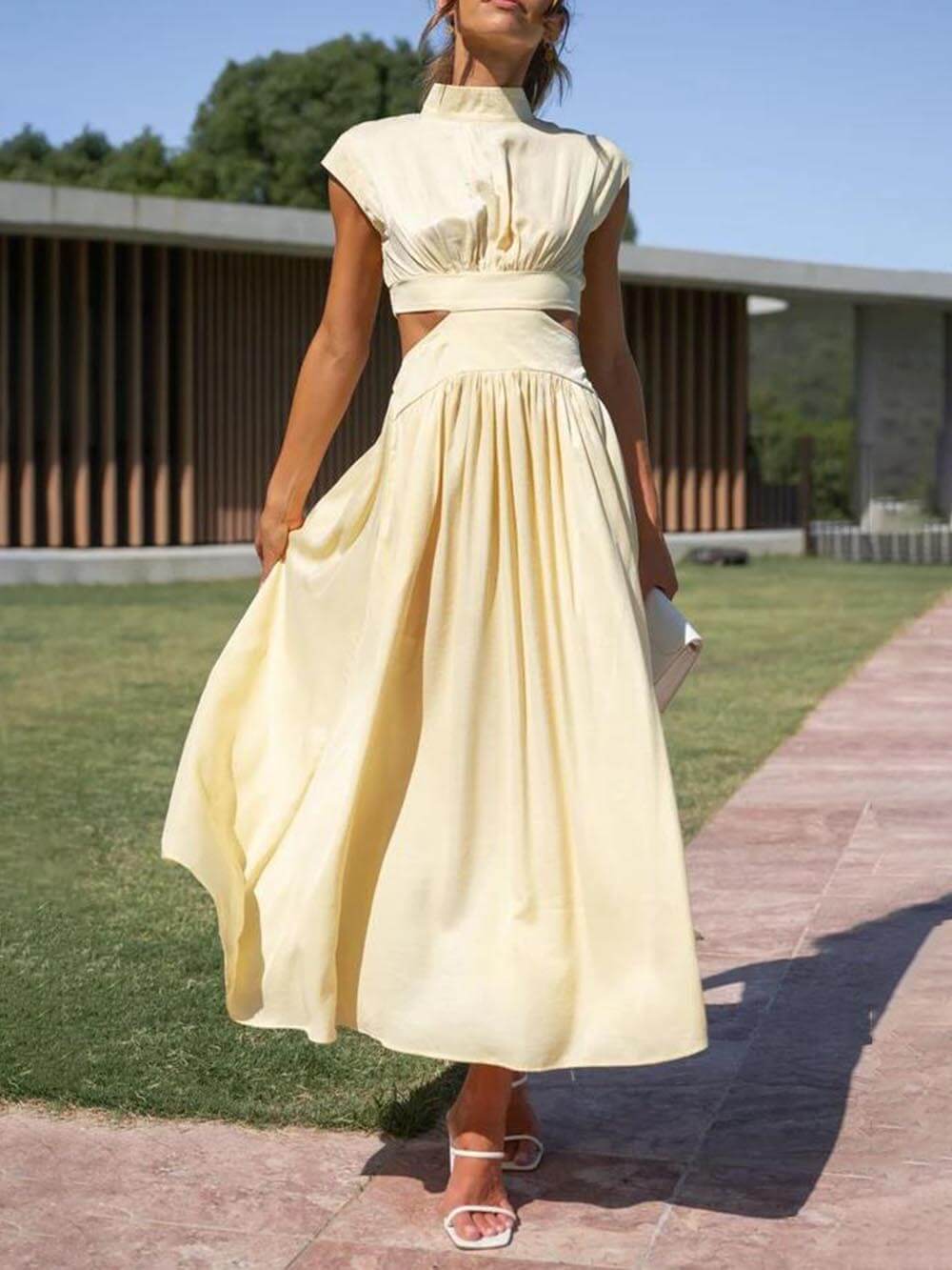 Cutout Waist Pocket Midi Dress