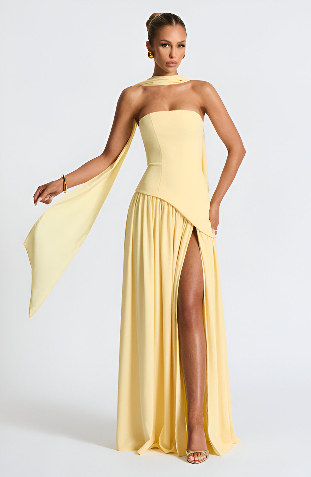 Strapless High Slit Scarf Maxi Dress