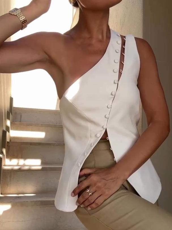 One-Shoulder Asymmetric Button Top