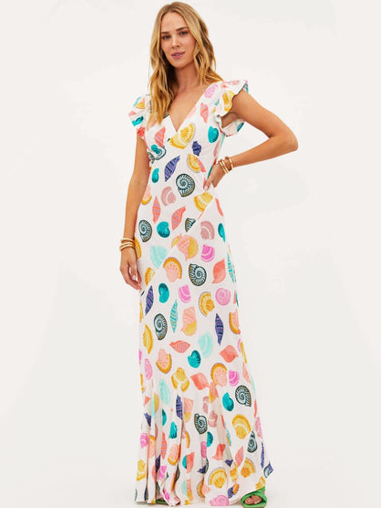 Seashell Print Ruffle Maxi Dress
