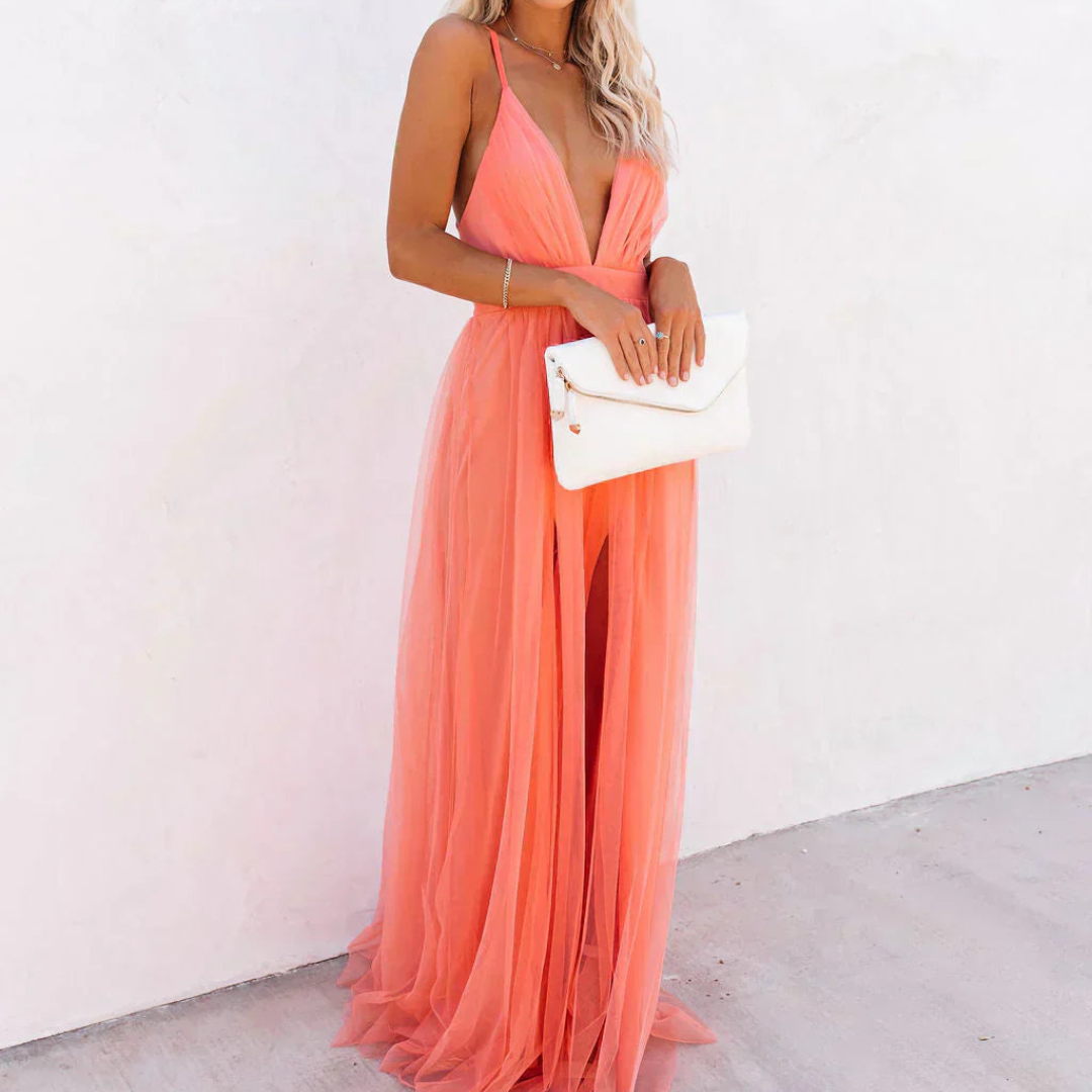 Deep V-Neck Tulle Maxi Dress