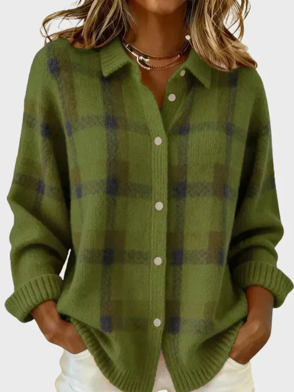 Green plaid knit cardigan with buttons, relaxed fit, and ribbed cuffs.
