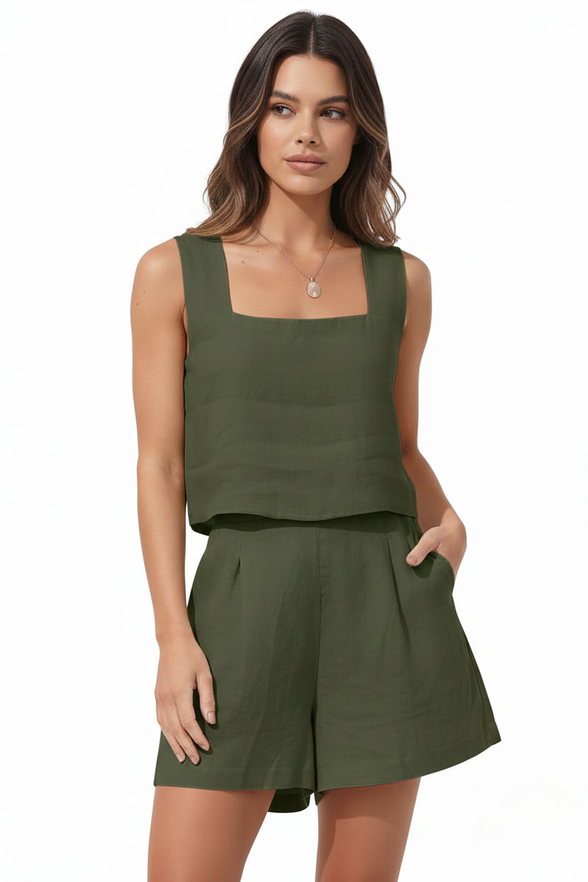 Linen Square-Neck Shorts Set