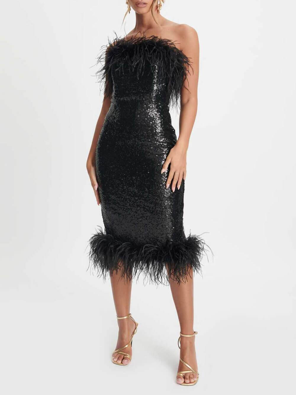 Feather Trim Sequin Midi Dress