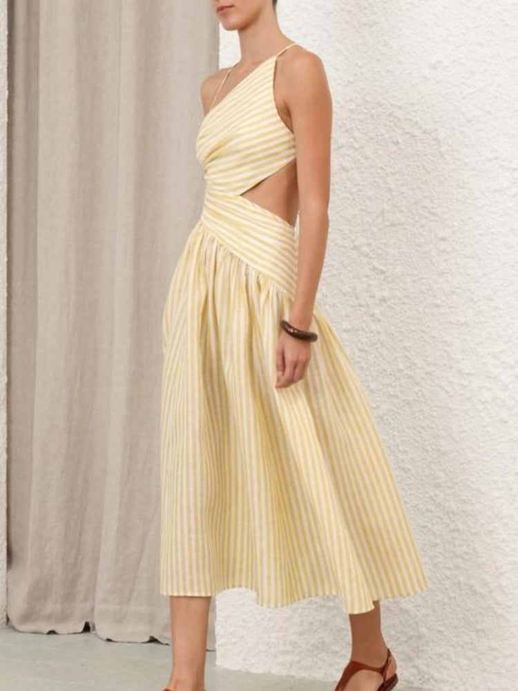 Striped Cutout Ruched Midi Dress