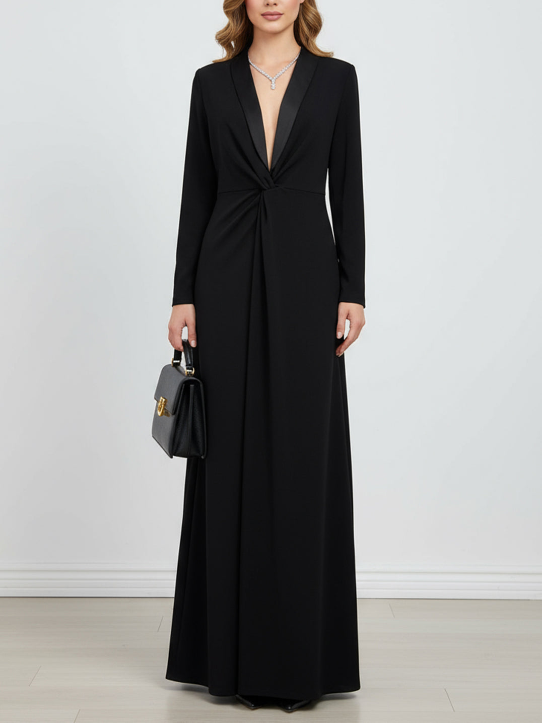 Tuxedo Lapel Twist Front Maxi Dress