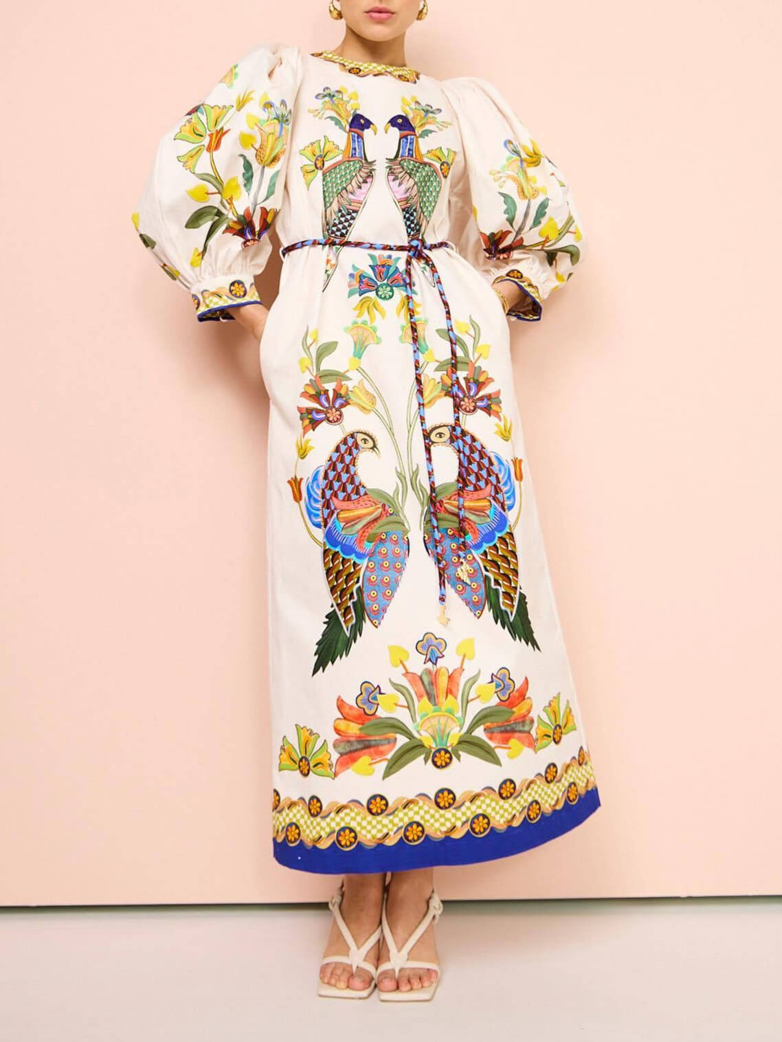 Puff-Sleeve Doodle Print Midi Dress