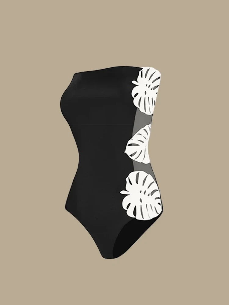 Leaf Patchwork Cutout Strapless Swimsuit
