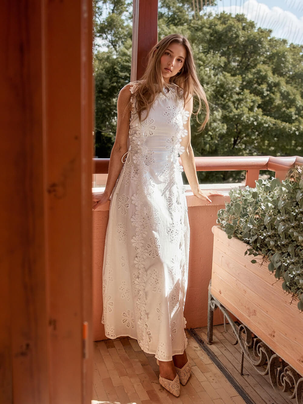 Crochet Lace-Up Maxi Dress