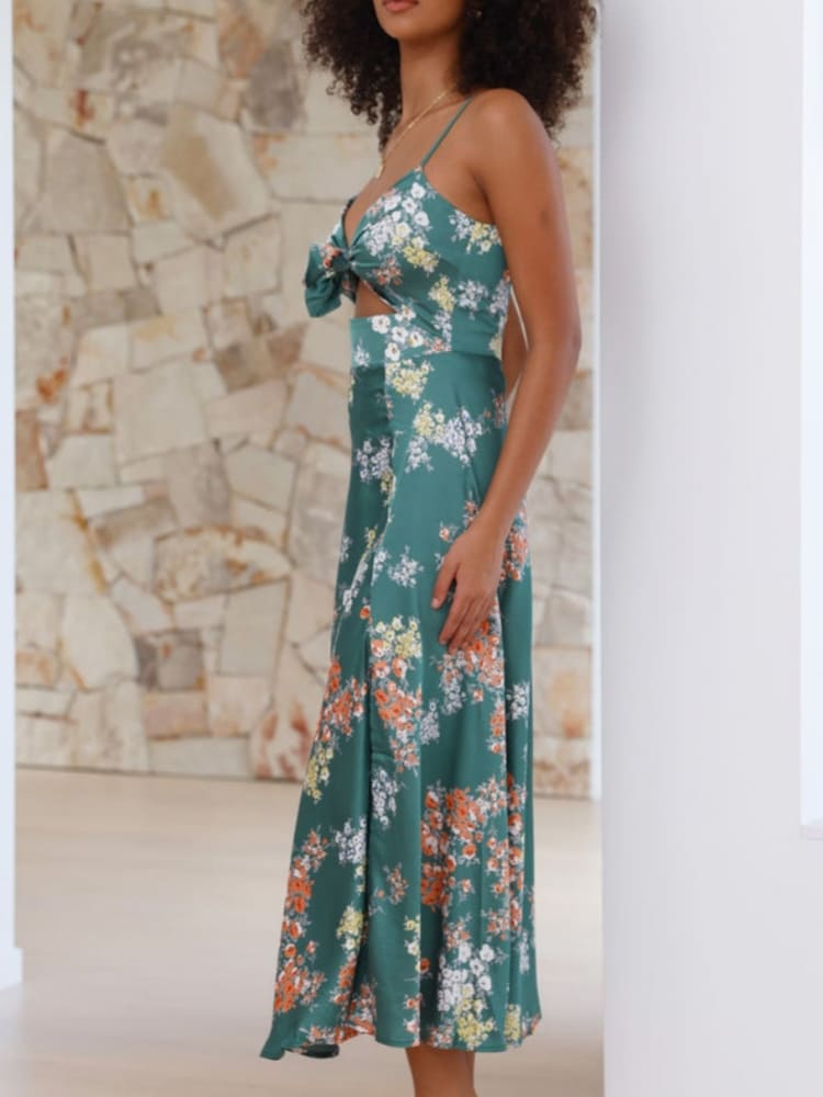 Green Floral Tie-Front Midi Dress