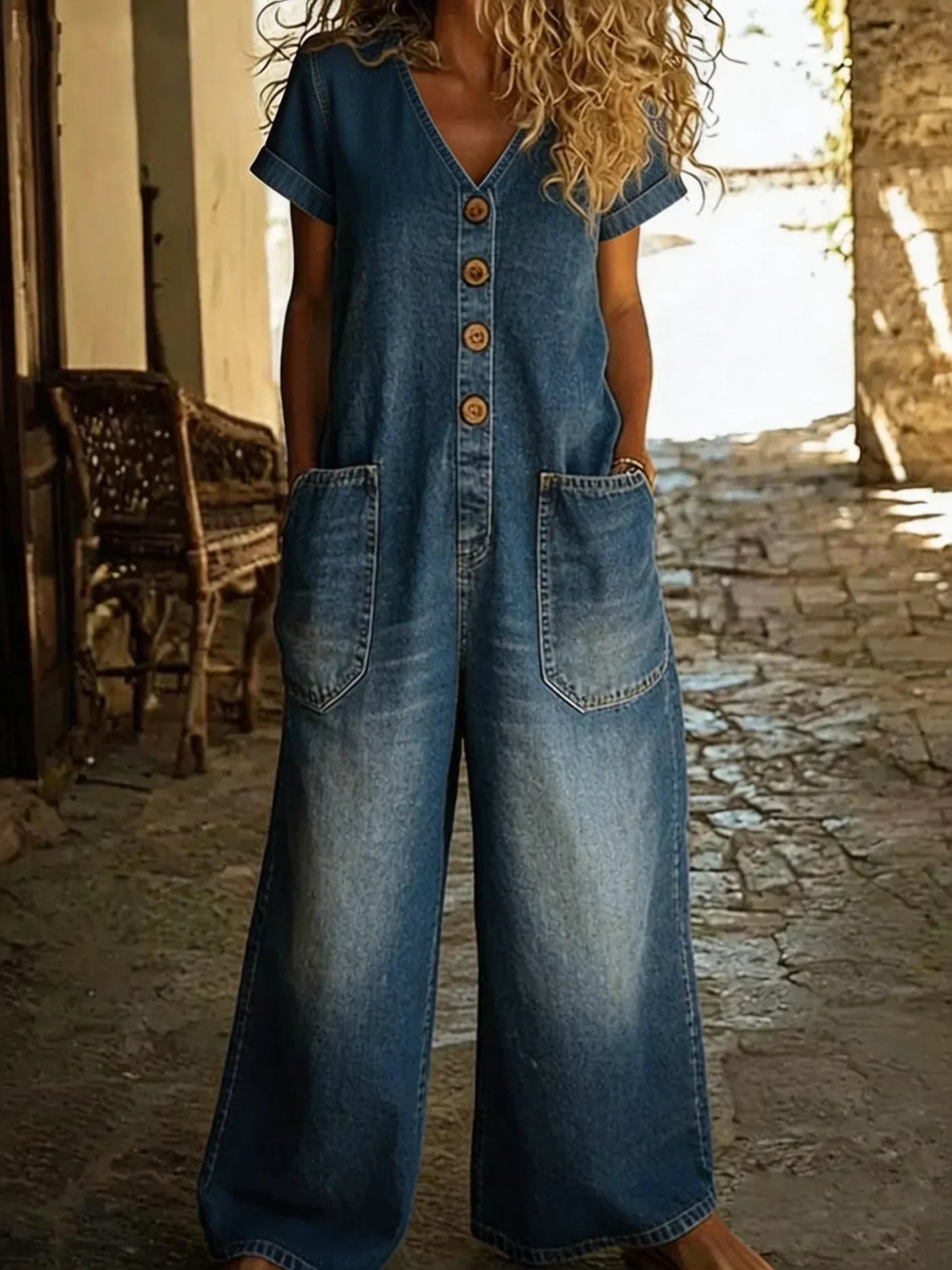 Wide Leg V-Neck Denim Jumpsuit