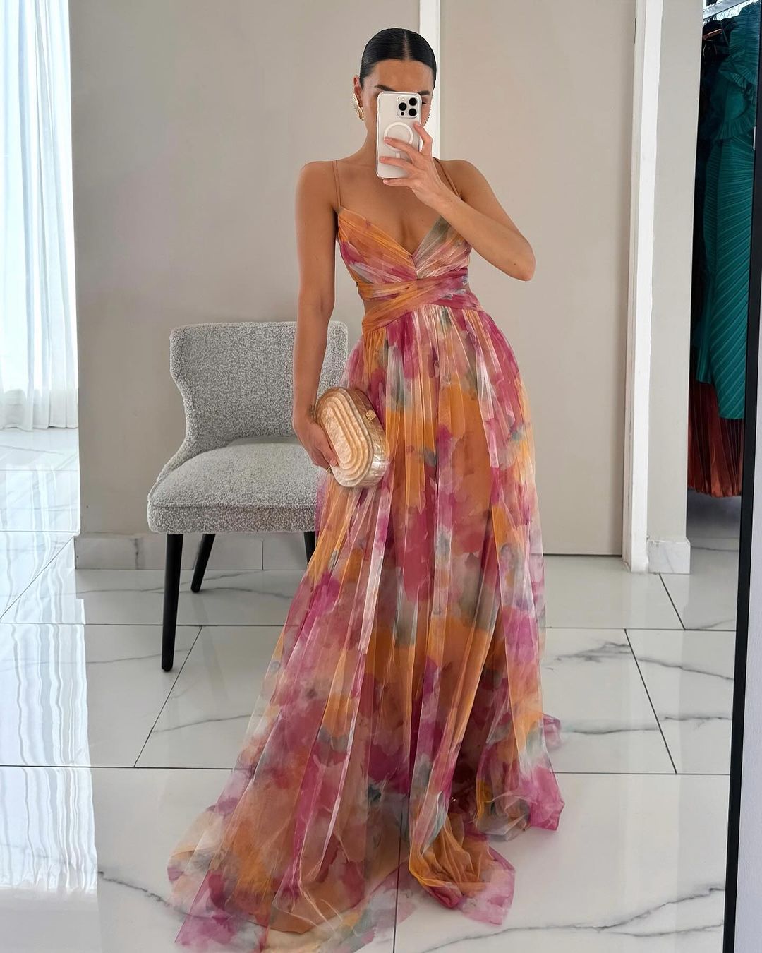 Watercolour Pleated Maxi Dress