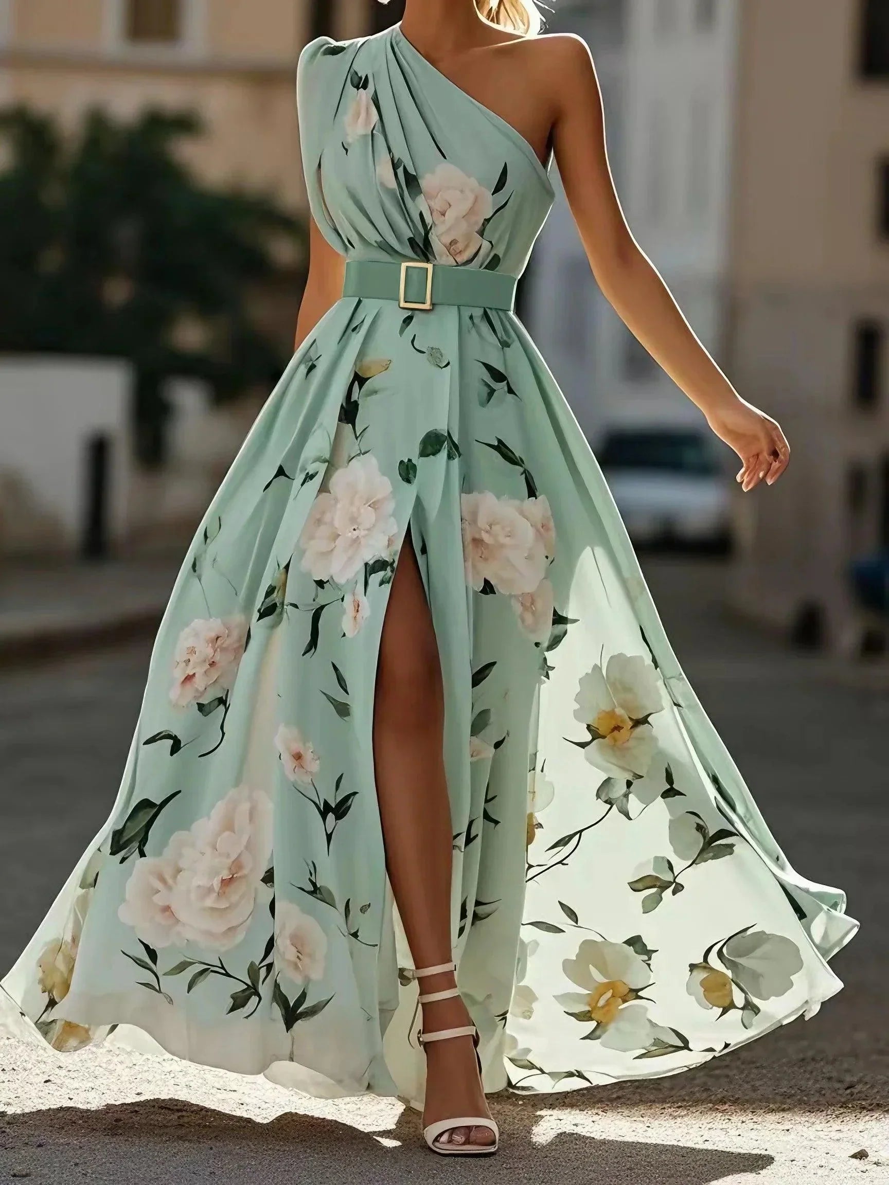 One-Shoulder Peony Chiffon Maxi Dress