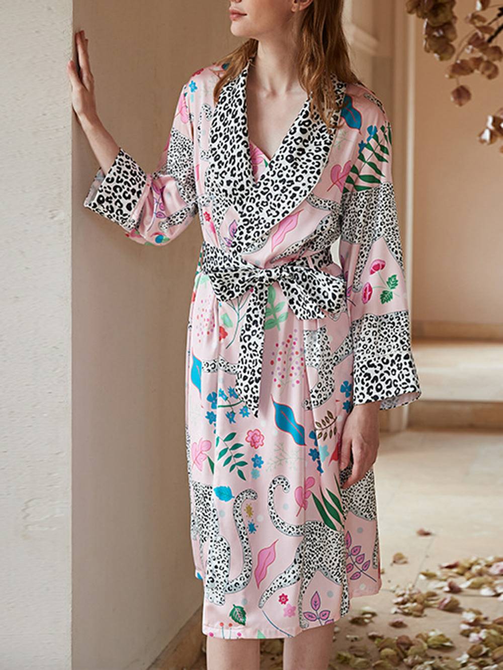 Pink Snow Leopard Silk Robe Set