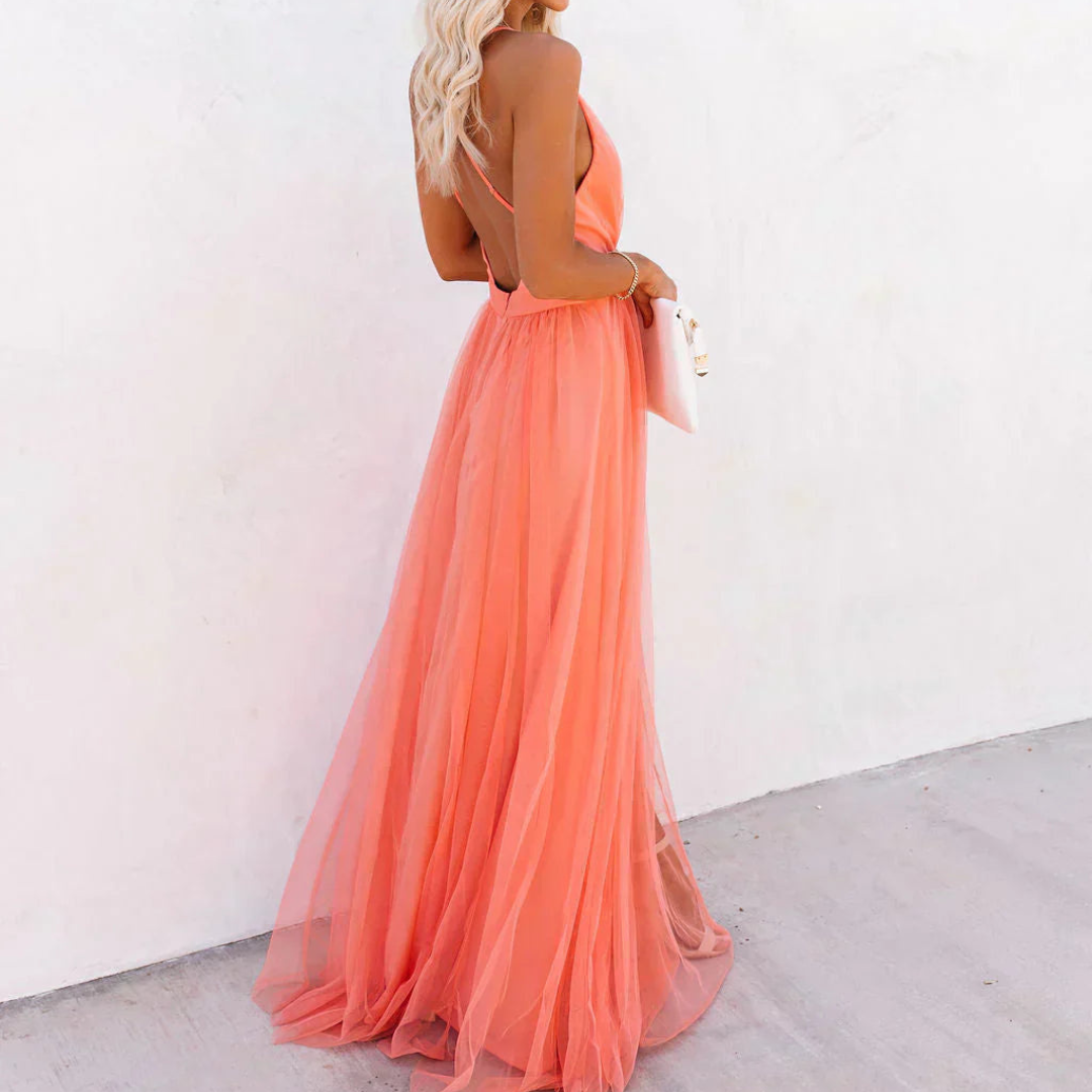 Deep V-Neck Tulle Maxi Dress