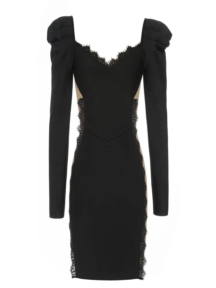 Lace V-Neck Puff Sleeve Party Dress