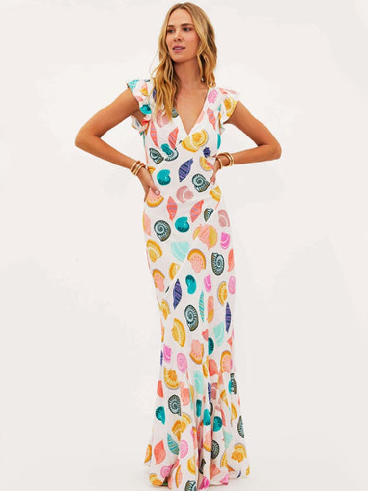 Seashell Print Ruffle Maxi Dress