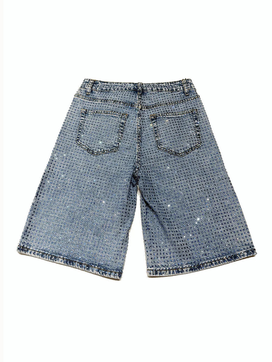 Rhinestone Longline Denim Shorts