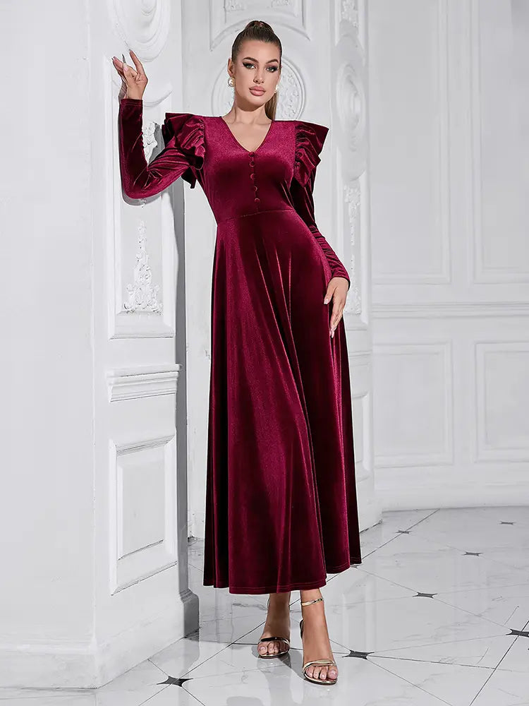Button-Front V-Neck Maxi Dress