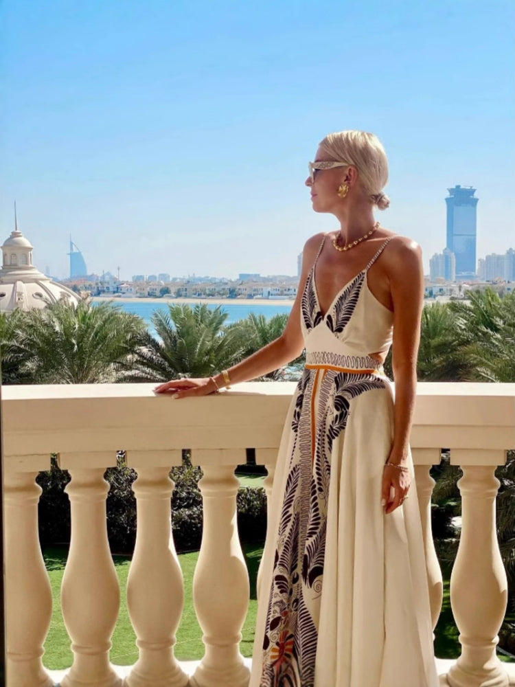 Backless Tie Print Maxi Dress