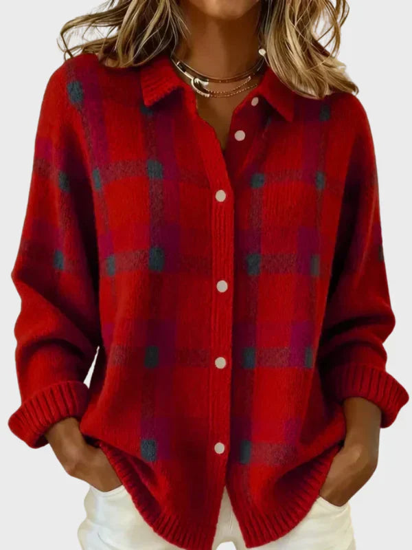 Red plaid knit cardigan with button front, relaxed fit, and ribbed cuffs.