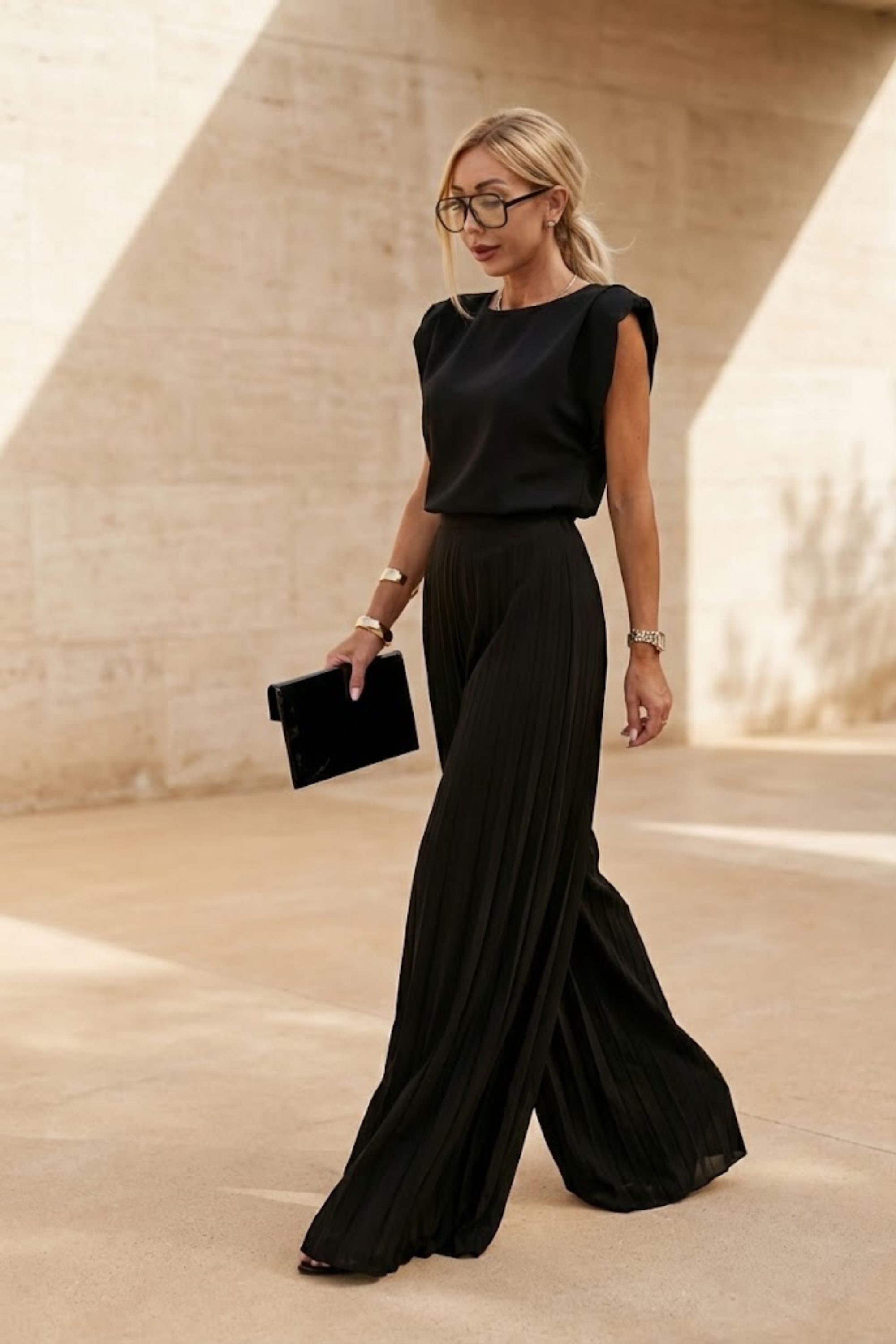 Padded-Shoulder Wide-Leg Trouser Set