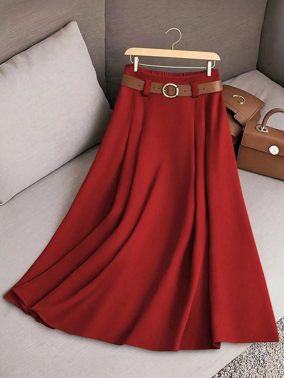 Pleated A-Line Belted Midi Skirt