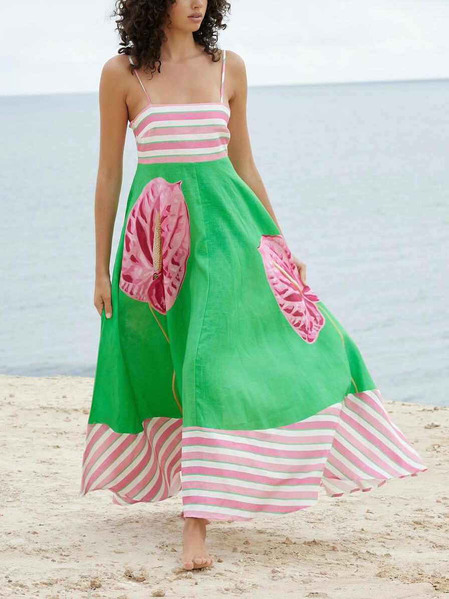Striped Floral Strap Maxi Dress