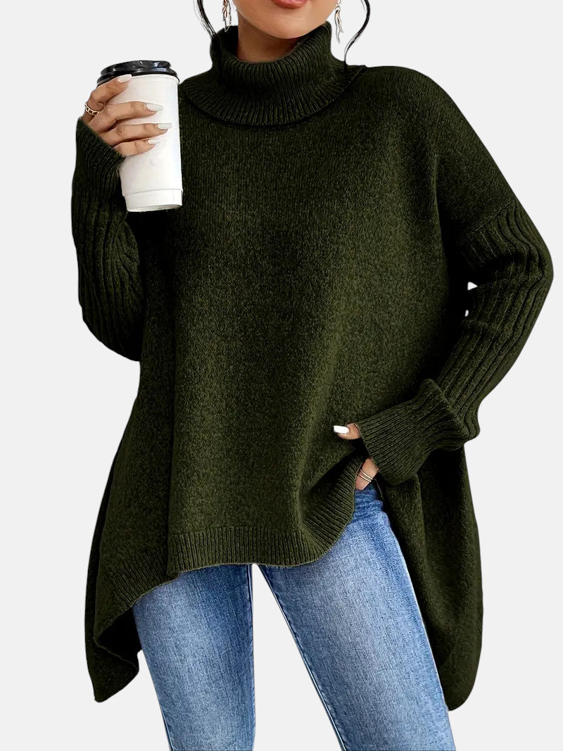 Dark green oversized long turtleneck sweater with ribbed cuffs and side slits.