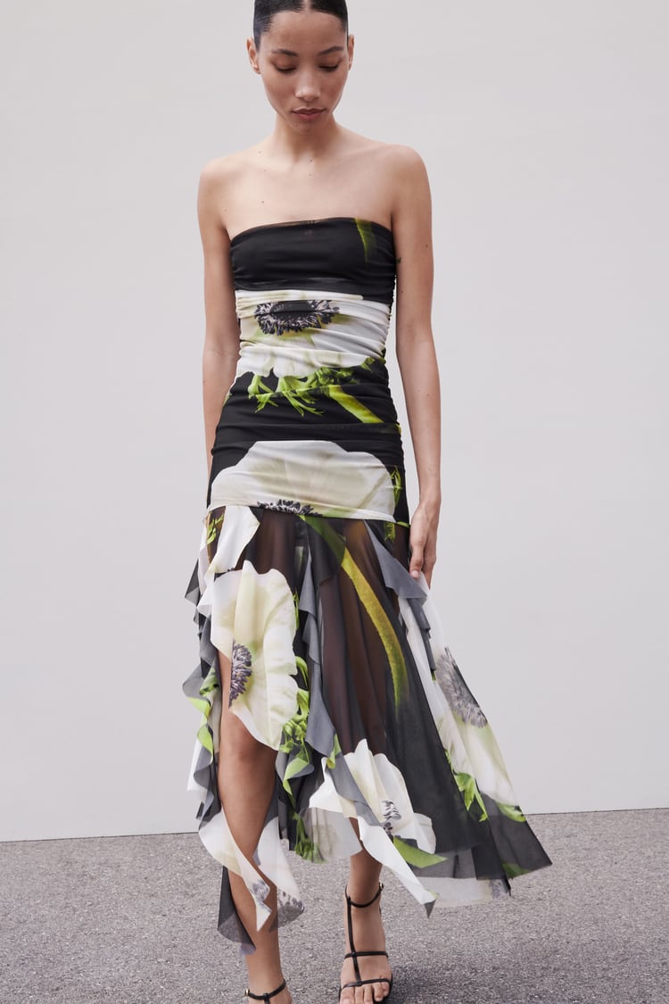 Ruched Mesh Tube Midi Dress